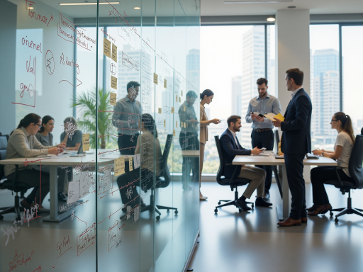 现代化办公环境，宽敞明亮的会议室，多位员工正在讨论项目方案，墙上挂着公司文化标语，体现专业务实的企业形象