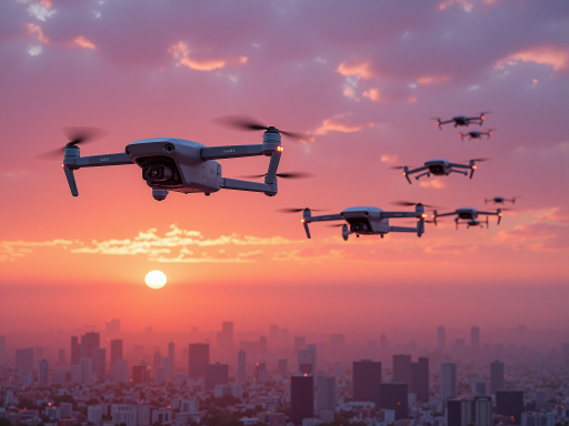 科技感十足的未来城市概念图，高楼大厦间有无人机飞行，道路上有自动驾驶汽车，体现对AI未来的美好愿景